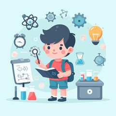 Little scientist wearing coat and doing research in laboratory. flat illustration