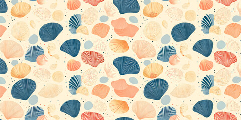 Pastel peach and blue seashells dance in a seamless cream pattern, accented by blush and orange hues.