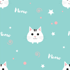 Seamless pattern with cute funny cat. Endless children's pattern on a blue background. Kitten pattern