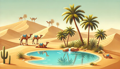 Obraz premium A desert scene featuring an oasis with palm trees and a small, clear water pool. Generative AI