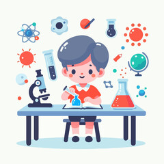 Little scientist wearing coat and doing research in laboratory. flat illustration