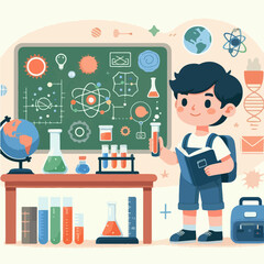 Little scientist wearing coat and doing research in laboratory. flat illustration