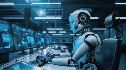 Fototapeta premium AI Surveillance Operator Monitoring Multiple Screens