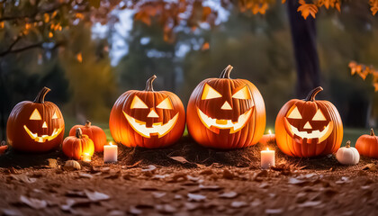 Halloween pumpkins stand on a table. Scary faces are carved out of the pumpkin. Spooky scary dark Night forrest. Forest.  Generation AI