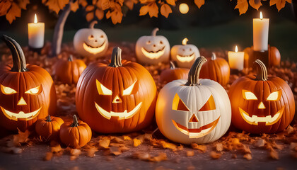 Fototapeta premium Halloween pumpkins stand on a table. Scary faces are carved out of the pumpkin. Spooky scary dark Night forrest. Generation AI