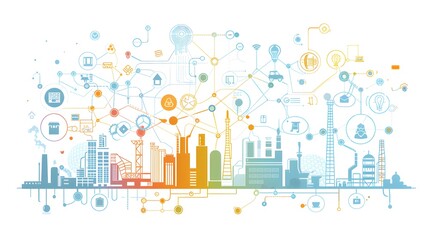 An image depicting a complex web of standards and guidelines with industries and companies interconnected, all contributing to a central hub representing the greenhouse gas protocol