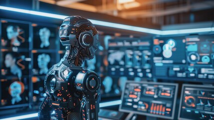 Fototapeta premium Futuristic AI Robot Analyzing Data on HighTech Screens with CuttingEdge Technology