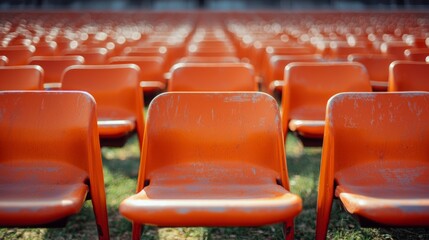 Naklejka premium Orange seats on the grandstand of the football stadium.
