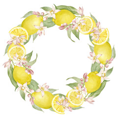 Wreath of lemon branches with fragrant flowers and juicy fruits.