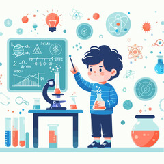 Little scientist wearing coat and doing research in laboratory. flat illustration