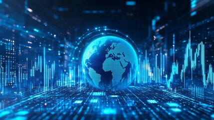 Exploring the Digital World: An Illuminated Globe Surrounded by Data and Financial Graphs in a Futuristic Cityscape