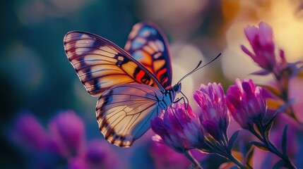 Butterfly on a Purple Flower in a Field of Blooms