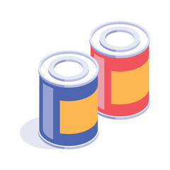 Isometric icon of paint cans for coloring and decorating surfaces in construction projects
