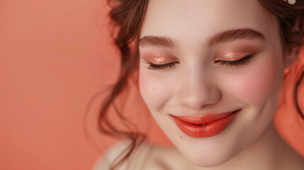 Fototapeta premium Smiling beautiful woman model with makeup against studio peach background