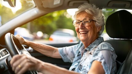 Happy senior woman driving car alone, enjoying car ride.