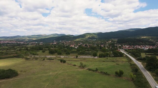 Aerial view of ruins of ancient Roman city Nicopolis ad Nestum near town of Garmen, Blagoevgrad Region, Bulgaria