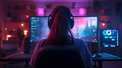 Female Gamer in Futuristic Gaming Chair Intense Match on Screen Neon Lit Room