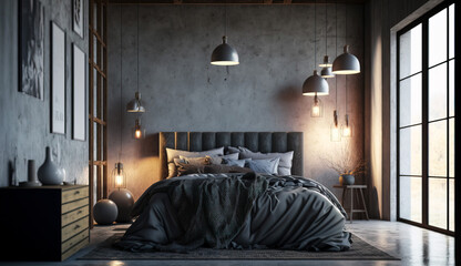 Beautiful Industrial style bedroom with raw concrete walls