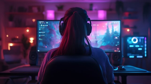 Female Gamer in Futuristic Gaming Chair Intense Match on Screen Neon Lit Room