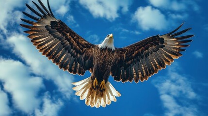 Obraz premium Majestic Bald Eagle Soaring Through a Cloudy Sky
