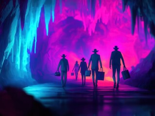 Fototapeta premium Fantasy tour group with enchanted accessories, exploring a chilling enchanted forest, glowing lights, rich colors. selective focus on foreground, copy space for text, ultra HD,