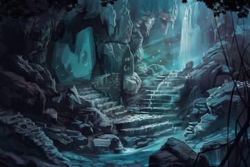 Mystical Cavern with Glowing Crystals and Waterfalls