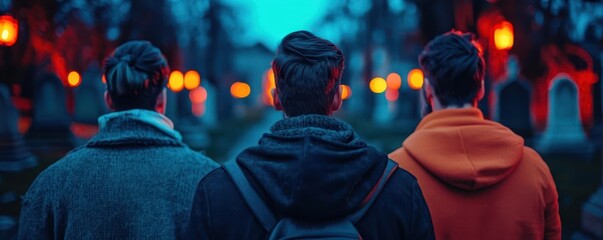 Fototapeta premium Fantasy tour group with magical accessories, feeling chills in an enchanted graveyard, mystical lighting, rich colors. selective focus on foreground, copy space for text, ultra HD,