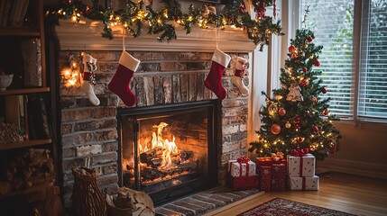 Obraz premium Warm Holiday Gatherings: An Inviting Fireplace Adorned with Festively Decorated Stockings, Emitting a Cozy Glow and Creating a Heartwarming Atmosphere Perfect for Winter Celebrations, Cap...