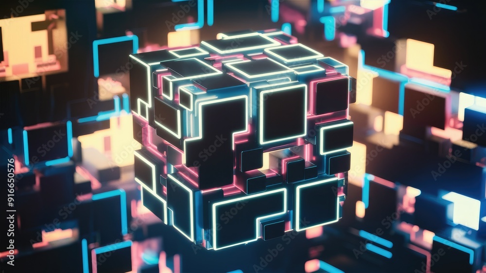 Poster abstract cube background in 3d with pixel elements