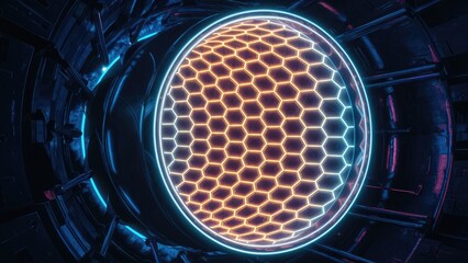 Animated tunnel with glowing hexagonal lines Rotating cyber tunnel design featuring luminous neon patterns Dark tunnel environment with vibrant hexagonal neon illumination