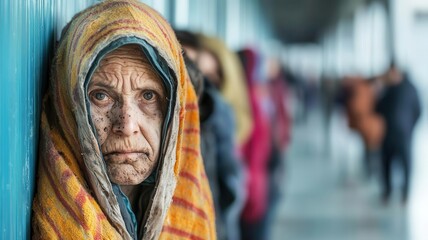 Obraz premium Homeless Dressed very dirty People lining up for food at a shelter, Economy, Recession impact