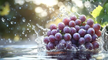 Realistic Explosion of Water and Grapes on Clean Background, Surreal Style, High-Resolution Liquid Dispersion, Photorealistic Fresh Fruit, Bright Colors, Front View, Detailed Texture
