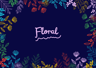 Colorful tropical leaves and flowers poster background vector illustration. 