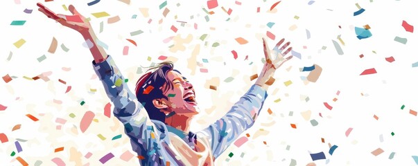 Obraz premium A joyful person celebrating amidst colorful confetti, capturing the essence of happiness and triumph in a vibrant atmosphere.