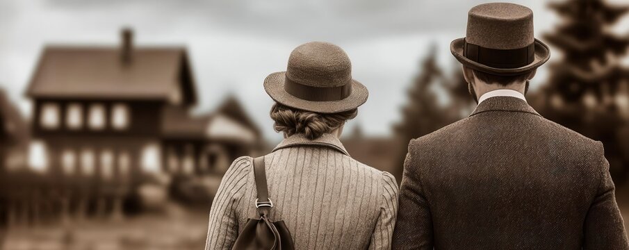 Vintage tourists with classic accessories, shivering on a ghost tour through an old village, sepia tones, detailed illustration