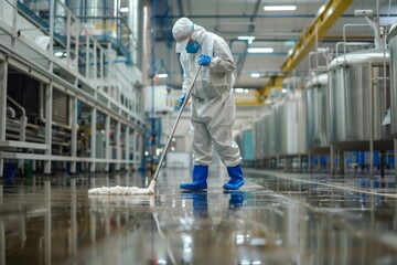 Worker in protective gear cleaning industrial floor with mop in modern factory. Hygienic procedures in a large production facility. Sanitation team at work ensuring cleanliness. Industrial cleaning
