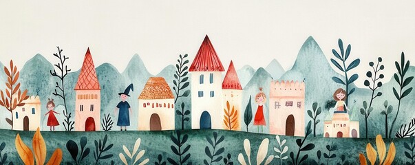 Obraz premium Watercolor painting of whimsical characters, soft shadows, exploring charming attractions, expressive brush strokes, warm tones