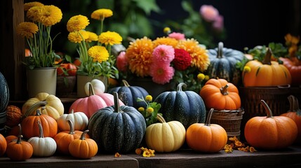 Autumn natural garden background, warm seasonal colors, fresh mixed pumpkins and green foliage. Colorful Thanksgiving season banner.  