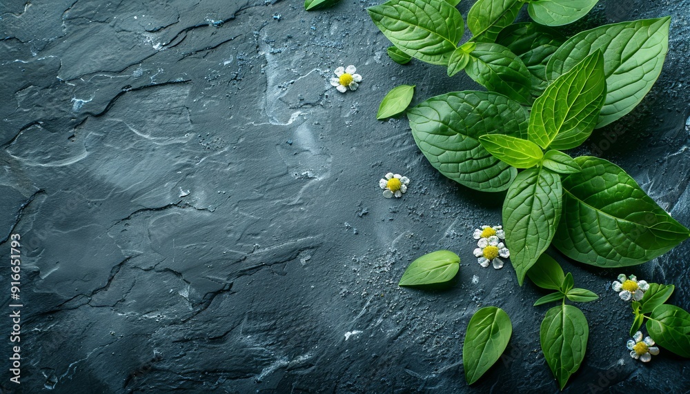 Wall mural An elegant wallpaper design with a black background, highlighting a bunch of leaves and flowers