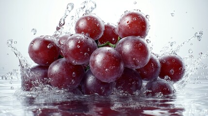 Realistic Explosion of Water and Grapes on Clean Background, Surreal Style, High-Resolution Liquid Dispersion, Photorealistic Fresh Fruit, Bright Colors, Front View, Detailed Texture, Vivid and Dynami