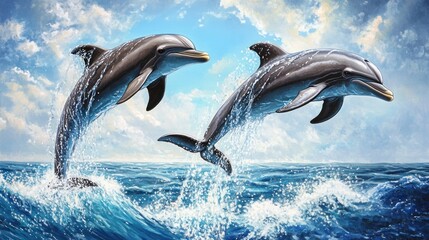 Fototapeta premium Two Dolphins Leaping Through the Air