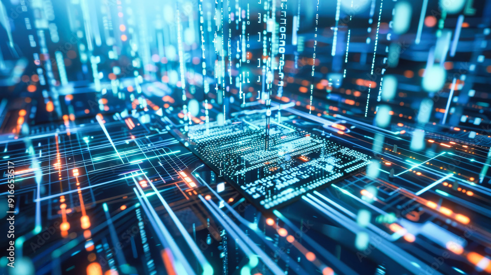 Poster close up of an advanced microchip with data flowing through it
