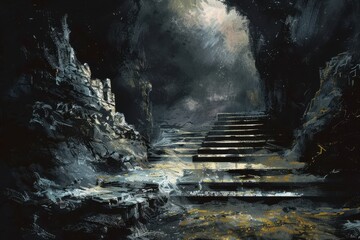 Mysterious stone staircase leads to an ethereal realm bathed in soft light