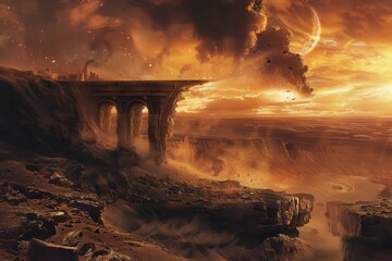 Ancient bridge standing strong amidst a post-apocalyptic landscape with a shattered moon