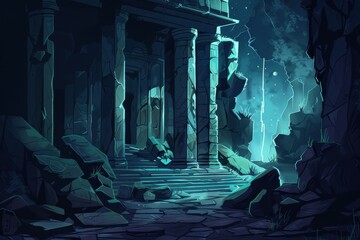 Mysterious temple ruins overgrown with vegetation in a mystical moonlit night