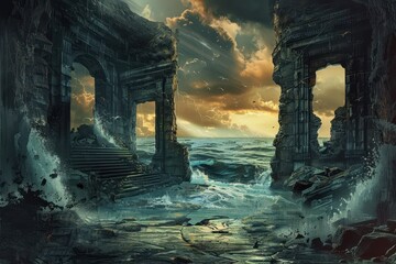 Ancient ruins by the stormy sea