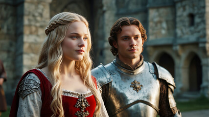 Fototapeta premium A young lady and a young knight in a medieval setting