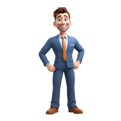 Happy smiling office worker guy. 3d cartoon character, blue suit, orange tie, full body, light background.