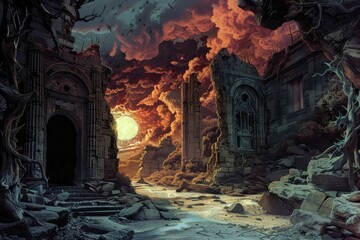 Ancient ruins of a forgotten civilization lie in desolation under a blood-red moon.