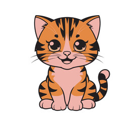 Cute Cartoon Cat Illustration Vector Art, Kawaii Cat Vector for Kids and Pet Lovers, Chibi Kitten with Stripes Vector Graphic